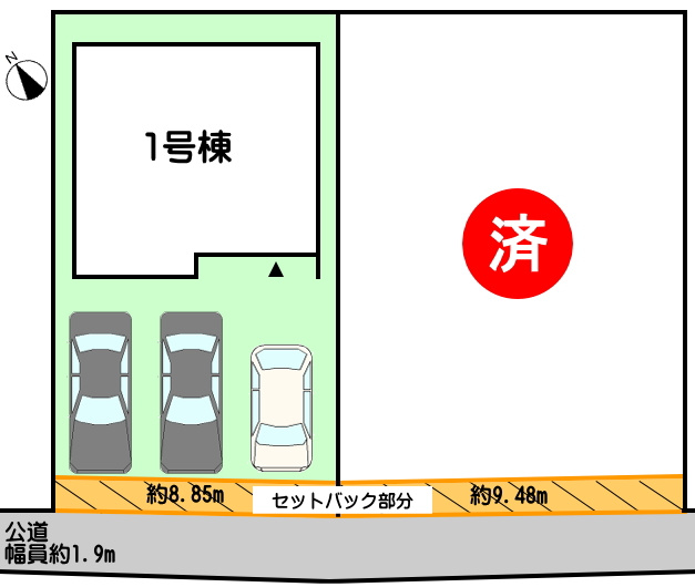 碧南市住吉町の区画図|1号棟　並列駐車3台可能（車種による）
