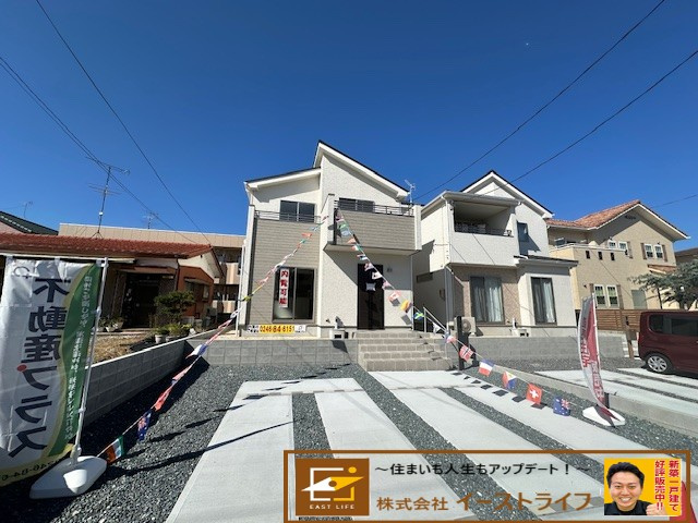 【新築戸建】　いわき市郷ケ丘5期の外観|駐車場含む1号棟外観写真です。