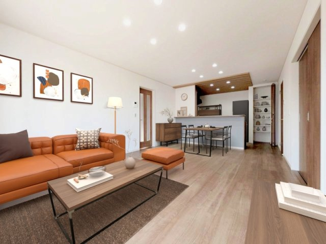 【6号棟:LDK】※この画像は実際の室内写真にインテリアをCGで合成したものです。実際の物件に家具は配置されておりません。