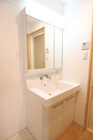 シャトー橿原の洗面所|二面鏡付き洗面化粧台・下に大容量の収納付き、室内洗濯機置き場