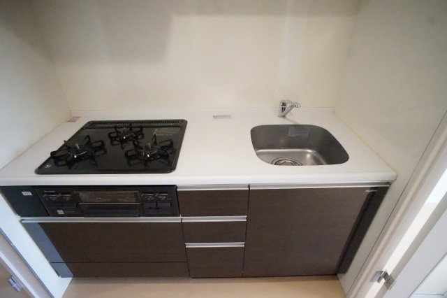 習志野市鷺沼台４丁目の賃貸マンションのキッチン|キッチンは３口コンロ、グリル付きですよ