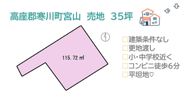 【土地図】 | 数あるプランの中から、お気に入りが選べる「建築条件なし」　　
JR「寒川」駅徒歩９分◎小・中学校近く、コンビニ（徒歩６分）毎日の通勤・お買い物も楽々な平坦地にございます♪

