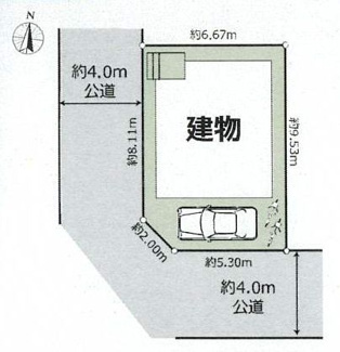 【区画図】 | 大和市上草柳8丁目  1号棟 | 南西角地　西側・南側約4ｍ各公道　駐車1台（車種によります）