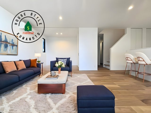 熊本市北区鶴羽田2丁目第2-7棟（5号棟）　の居間・リビング|明るく開放的なリビングダイニングは豊かな陽光が注ぎ込み、やすらぎの空間を演出してくれます。ご家族で楽しいひとときをお過ごし下さい。※家具はCGを合成したものです。