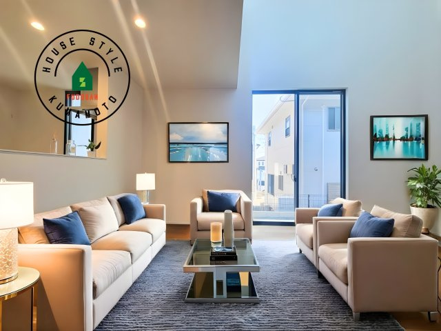 熊本市北区鶴羽田2丁目第2-7棟（7号棟）　の居間・リビング|明るく開放的なリビングダイニングは豊かな陽光が注ぎ込み、やすらぎの空間を演出してくれます。ご家族で楽しいひとときをお過ごし下さい。※家具はCGを合成したものです。