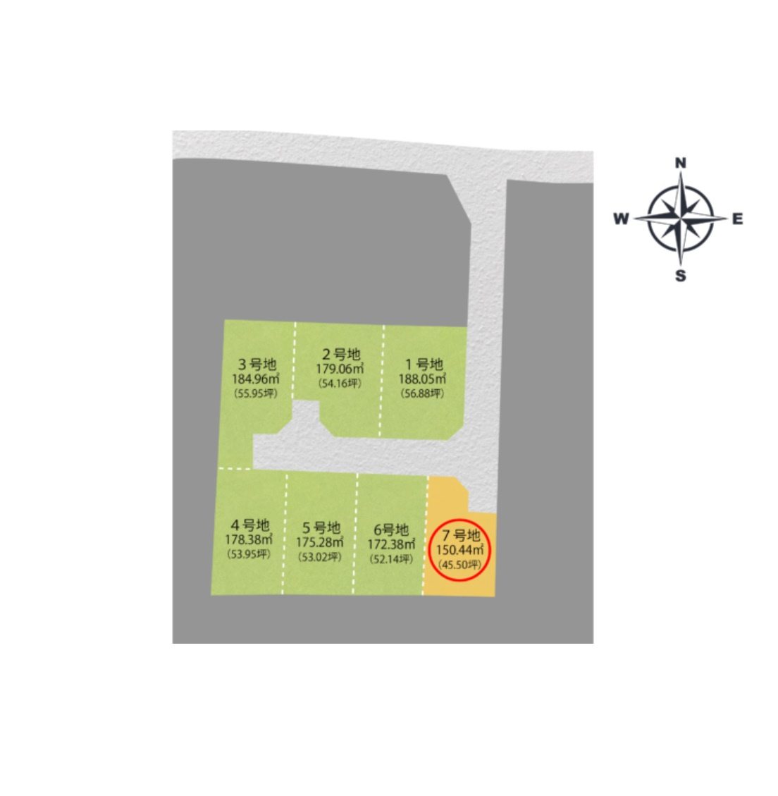 熊本市北区鶴羽田2丁目第2-7棟（7号棟）　の区画図|配置図（7号棟）