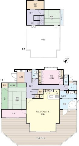 【間取り】 | 湯河原《理想郷》戸建住宅 | ウッドデッキや吹き抜け付きの、ゆとりある間取りです。