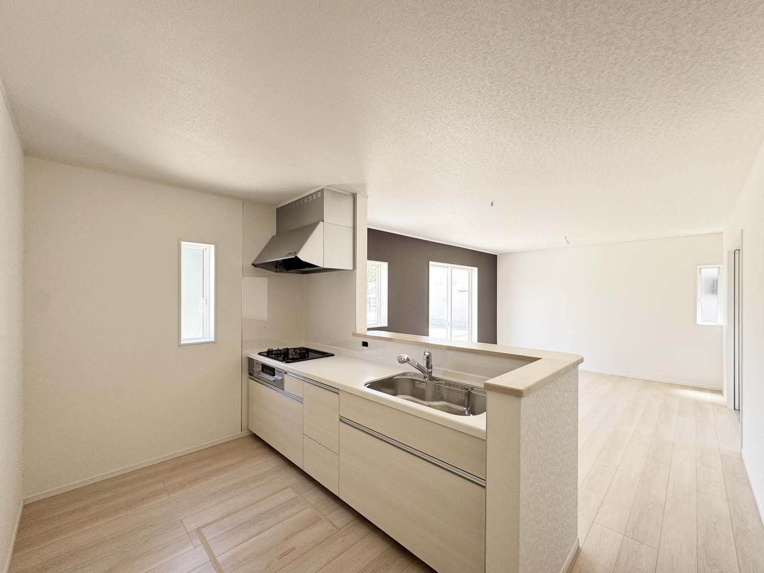 耐震+制震の家 水呑町竹ヶ端 第9：住宅性能取得物件：1号棟のキッチン|対面式のシステムキッチン：リビングで遊んでいるお子様を見守りながら、時にはお喋りをしながら料理や後片付けができる人気の高いスタイルです