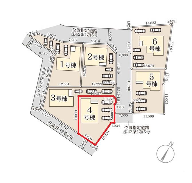 リーブルガーデン  笠間駅前　1期　4の区画図|前面道路幅6メートル、並列駐車可能です。内覧、気になる他の物件と合わせての現地ご案内も可能です。HPから、またお電話でも、お気軽にお問い合わせください。

