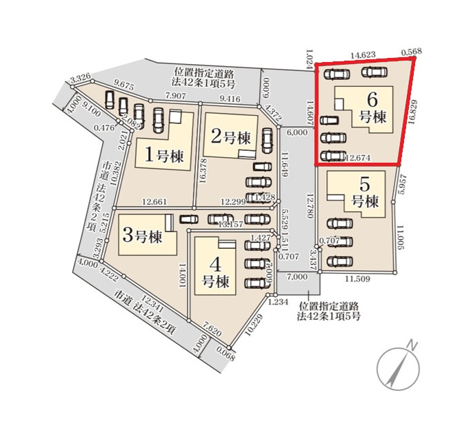 リーブルガーデン  笠間駅前　1期　6の区画図|前面道路幅6メートル、5台駐車可能です。内覧、気になる他の物件と合わせての現地ご案内も可能です。HPから、またお電話でも、お気軽にお問い合わせください。

