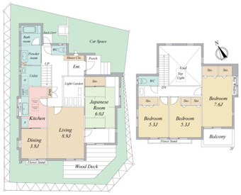 １階に和室、２階に洋室が３部屋ある大型の住宅
建物内にお庭のようなスペースあり、お茶用の水道もございます