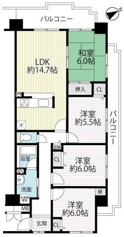 ◆室内リフォーム済み◆三方角住戸で開放的◆近鉄伊勢田駅徒歩５分◆４LDK◆パデシオン宇治伊勢田２番館の間取り