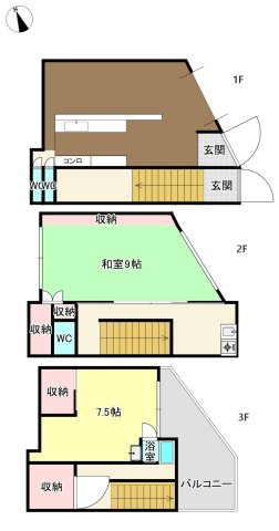 大街道　店舗付き住宅の間取り|3Kに2つの納戸が加わった、3階建ての立体的な間取り。生活スペースと収納を明確に分けることで、都市部でも広々と暮らせる工夫が。ライフスタイルに合わせて各階を使い分ける、賢い住まい方が叶います。