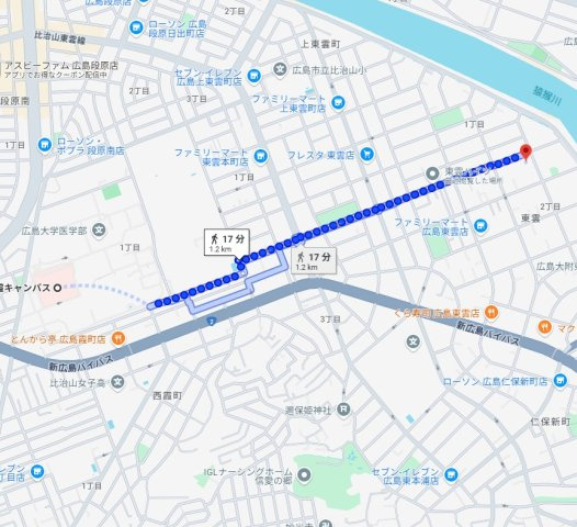 ★3+1プログラム★東雲ハイツの地図|広島大学霞キャンパスまで徒歩17分（17 min. walk to Hiroshima University.)