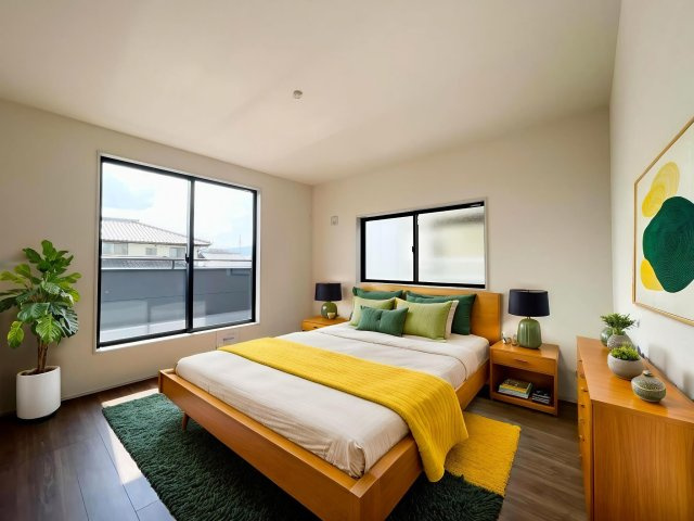 耐震等級３！ご成約プレゼント対象物件！の洋室|日当たり風通しともに良好！明るく朝を迎えられるつくりになっています♪　２号棟　※ CGで家具を配置しています