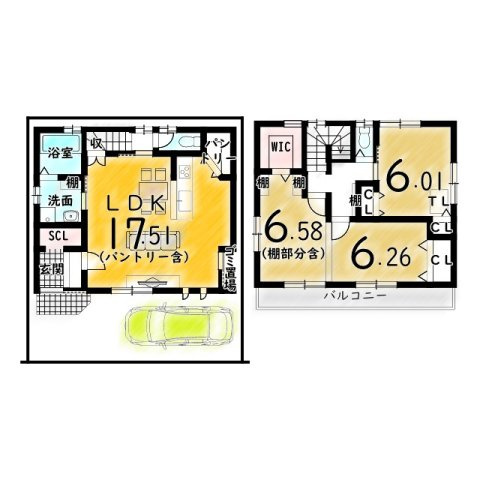 寺本５丁目　Ｂプラン　建築条件付き土地の土地図＋建物プラン例