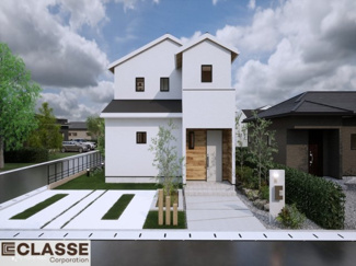 【外観パース】 | 城陽市平川山道2区画A号地　売土地　建築条件付き | 参考プランになりますので、お客様のお好みの外観を一緒に作らせていただきます。外壁には、メンテナンスが楽な光セラを採用しており、汚れがつきにくく、色あせもしにくいのでおススメです