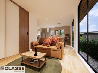 【完成予想図】 | 城陽市平川山道2区画A号地　売土地　建築条件付き | アトリエスタイルハウス仕様の窓はペアガラス、サッシはアルミ×樹脂複合のハイブリットサッシを採用。ガラスの間には断熱性の高いアルゴンガスを充填しておりますので、より断熱性能が高まる仕様になっております