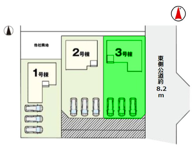 【区画図】 | アーバンスタイル吉岡町大久保9期ー③ | 南向きで明るい敷地♪
カースペースは並列3台駐車可能です♪