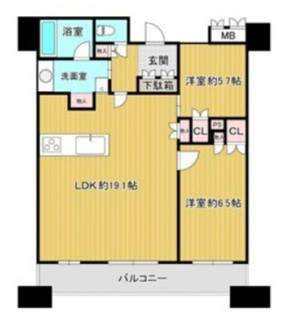 【間取り】 | ジオタワー南堀江 | 【間取り】3階部分、2LDK、南向き、LDK19.1帖, 68.41㎡