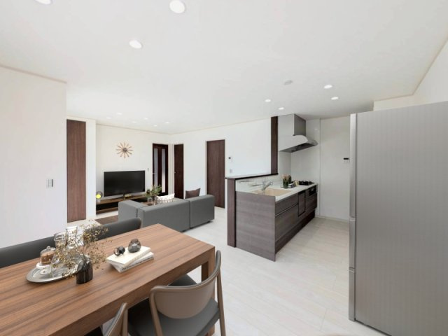 【R号棟:LDK】(※この画像は実際の室内写真にインテリアをCGで合成したものです。実際の物件に家具は配置されておりません。)リビングやダイニング、キッチンと一体感のある対面スタイルです。