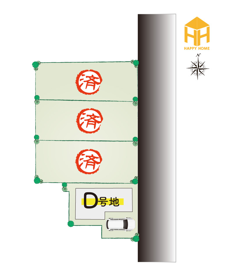 尼崎市浜田町５丁目新築一戸建て│3LDK+駐車1台可の区画図|全4区画、いよいよ残り1区画！ご紹介できるのはD号地のみとなりました。新しい住まいが並ぶ街並みで、家族の新生活を始めませんか？