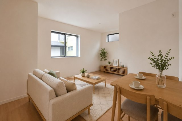 尼崎市浜田町５丁目新築一戸建て│3LDK+駐車1台可の居間・リビング|約16.5帖のLDKは、リビングとダイニングそれぞれのスペースを確保しやすい広さ。家族で食卓を囲む時間も、ソファでくつろぐ時間もゆったり過ごせます。※CGによる家具配置イメージです。