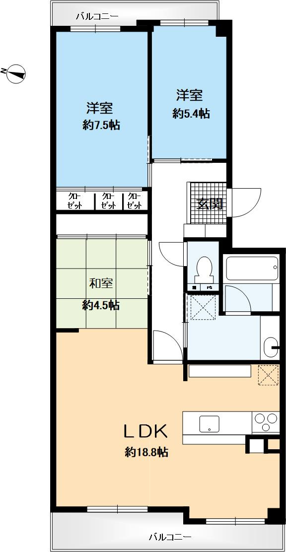 リーベスト御影B棟の間取り|LDKは約18.8帖でゆったりとした空間です