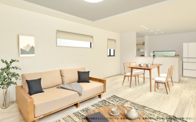 【完成予想図】 | 【1号棟　LDKイメージパース】
※画像は設計図面を基に作成したイメージです。