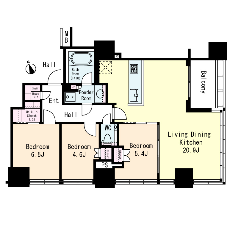 ローレルタワールネ浜松町の間取り|東・南西向きで陽当たり良好です