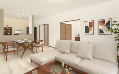 【完成予想図】 | 【1号棟　LDKイメージパース】
※画像は設計図面を基に作成したイメージです