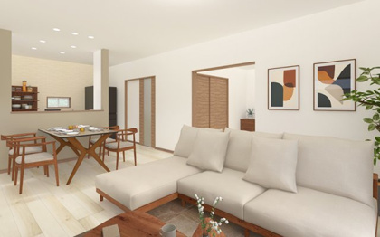 【完成予想図】 | 【1号棟　LDKイメージパース】
※画像は設計図面を基に作成したイメージです