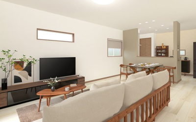 【完成予想図】 | 【1号棟　LDKイメージパース】
※画像は設計図面を基に作成したイメージです