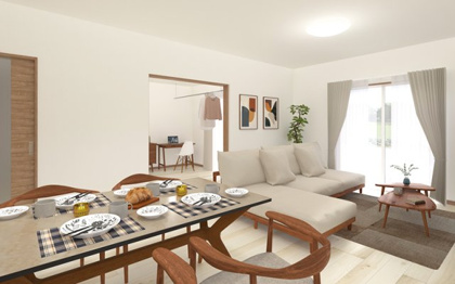 【完成予想図】 | 【1号棟　LDKイメージパース】
※画像は設計図面を基に作成したイメージです