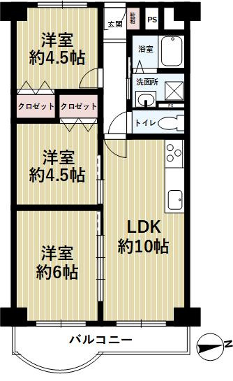 御影プライムハイツの間取り|間取は３LDKですが、洋室6帖の3枚引戸を開けるとリビング空間と一体として広くお使いにもなれます。