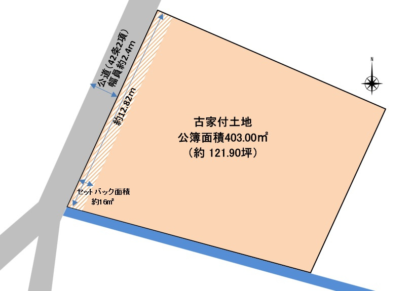 米子市彦名町古家付土地の土地図|約129坪の纏まった敷地になります。セットバックが必要になりますが建築可能な敷地になります。