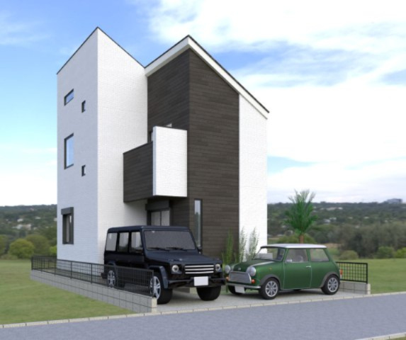 昭島市宮沢町2丁目新築戸建の外観パース|【Building Perspective】
ホワイト＆ブラウンウッドのコントラストがスタイリッシュな建物を演出。毎日、早く帰りたいと思わせてくれる、ゆったりとくつろげる空間がここにある。