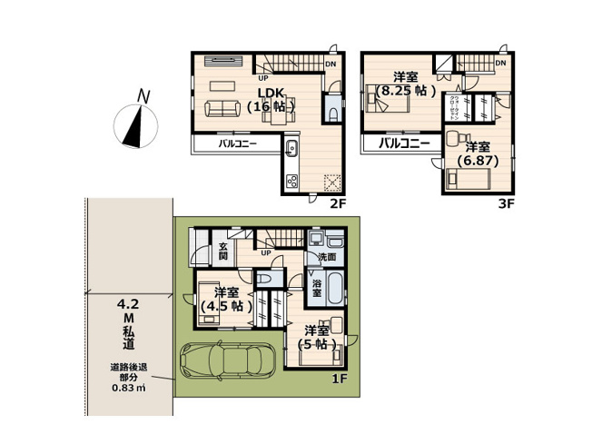 【間取り】 | 志木市中宗岡2丁目　新築一戸建住宅　全1棟　(志木本店) | 主寝室はゆとりある8.25帖。陽射しをたっぷり感じる2階リビングで採光、開放感良好な新居です。
