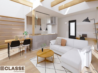 【完成予想図】 | 宇治市琵琶台1丁目　売土地　建築条件無し | アトリエスタイルハウス仕様の窓はペアガラス、サッシはアルミ×樹脂複合のハイブリットサッシを採用。ガラスの間には断熱性の高いアルゴンガスを充填しておりますので、より断熱性能が高まる仕様になっております