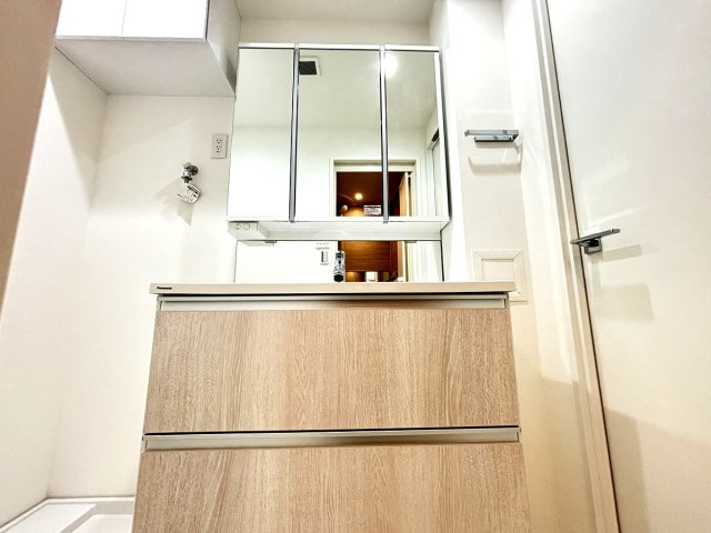 鏡裏にも収納できる三面鏡タイプの化粧台にはシャンプードレッサーも備わっています！