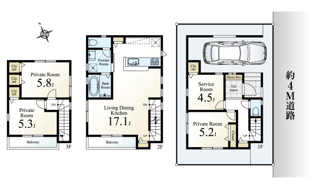 練馬区貫井4丁目 限定1棟の間取り|子育て世代にも嬉しい居室4部屋タイプ♪
2階にLDK＋水回りを集め家事動線の良い間取りです！！