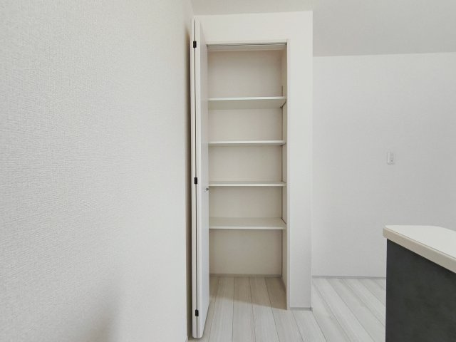 練馬区貫井4丁目 限定1棟のキッチン|キッチン背面には食料品や調理器具などの収納に便利なパントリーを設置しています