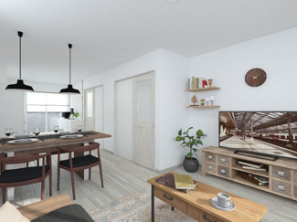 【居間・リビング】 | 右京区梅津北浦町 | 《参考プランLDK：ステージングイメージパース》
※家具・小物はCGによるインテリアイメージであり、家具の設置サイズを保証するものではございません。※家具配置はTV配線には配慮しておりません