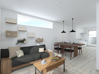 【居間・リビング】 | 右京区梅津北浦町 | 《参考プランLDK：ステージングイメージパース》
※家具・小物はCGによるインテリアイメージであり、家具の設置サイズを保証するものではございません。※家具配置はTV配線には配慮しておりません