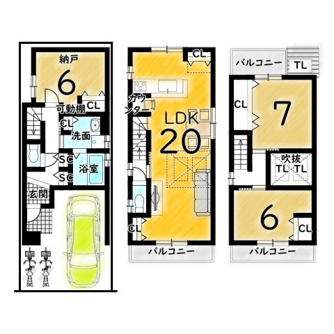 安満西の町　メインプラン　建築条件付き土地の土地図＋建物プラン例
