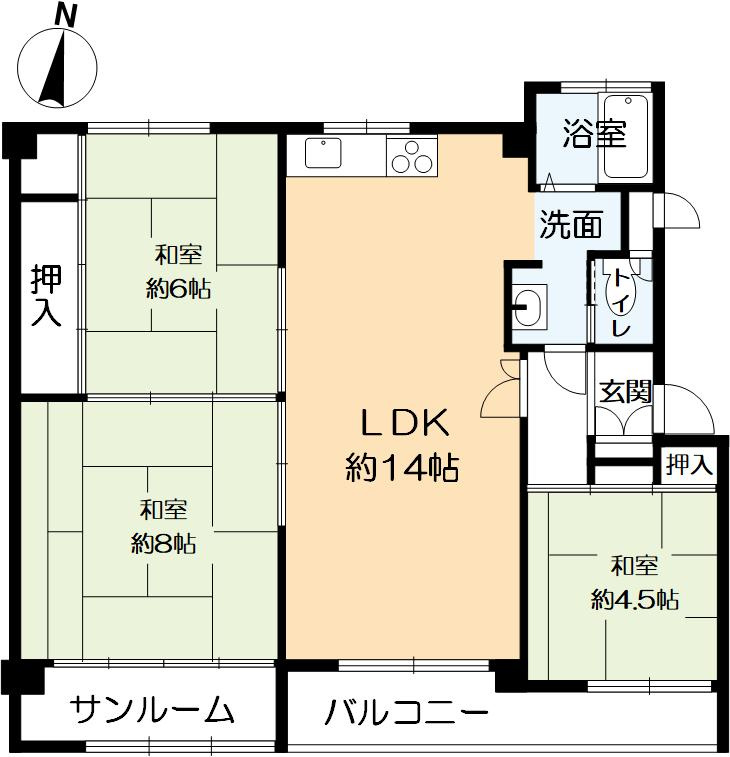 ハイツ一王山 A棟の間取り|３LDK 専有面積：74.96㎡　
2023年4月頃、風呂・一部クッションフロア・一部クロス貼替済み！
