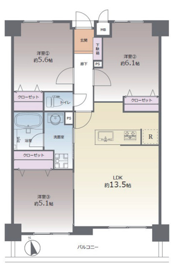 【間取り】 | 東峰マンション長者原 | 3階南向きで室内の陽当り・通風・眺望良好です。収納も充実しています