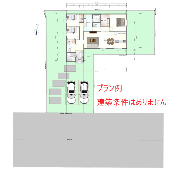 【商談中】売土地　岐阜市旦島中1丁目　103.75坪の土地図＋建物プラン例|秀光ビルドさんの建築プランの一例です。建築条件は有りませんのでお好きなハウスメーカーをお選びいただけます。※本物件は土地のみの販売になります