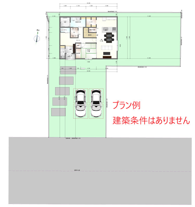 【商談中】売土地　岐阜市旦島中1丁目　103.75坪の土地図＋建物プラン例|秀光ビルドさんの建築プランの一例です。建築条件は有りませんのでお好きなハウスメーカーをお選びいただけます。※本物件は土地のみの販売になります