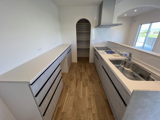 南国市大そね甲新築戸建のキッチン|きれいなキッチンです。たっぷり収納できるパントリーがあります。